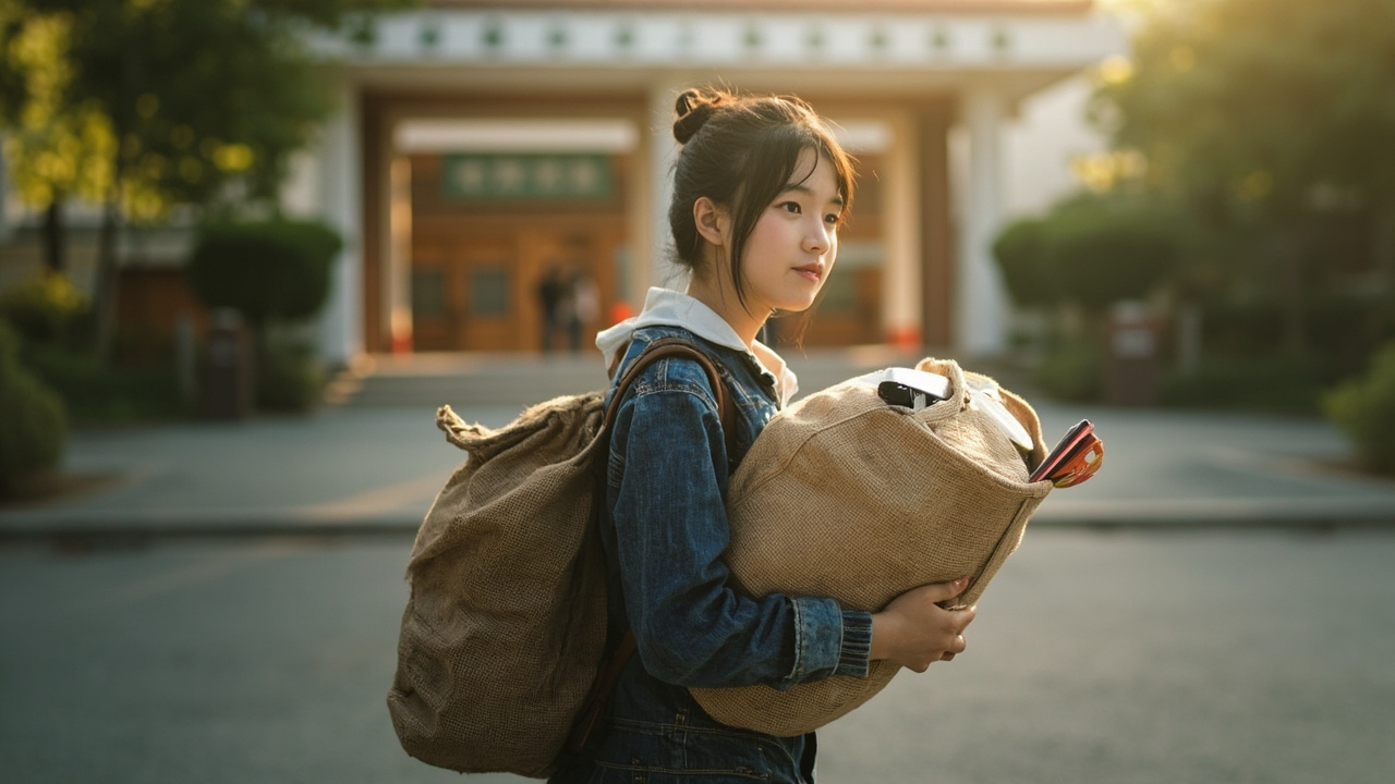 麻袋女孩携带麻袋进入校园